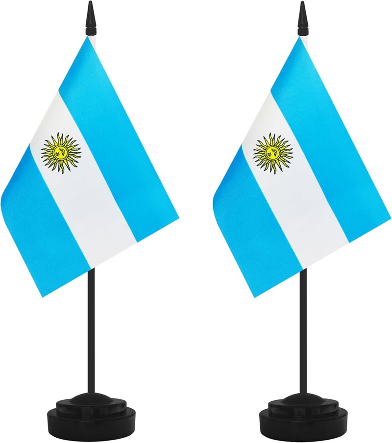 Yamiuo 2 Pack Argentina Desk Flag Set, Argentine Desktop Small Miniature Table Office Flag with 12" Black Pole and Black Base, Offices, Classroom, Home, Festival Decoration (Argentina) - Image 1